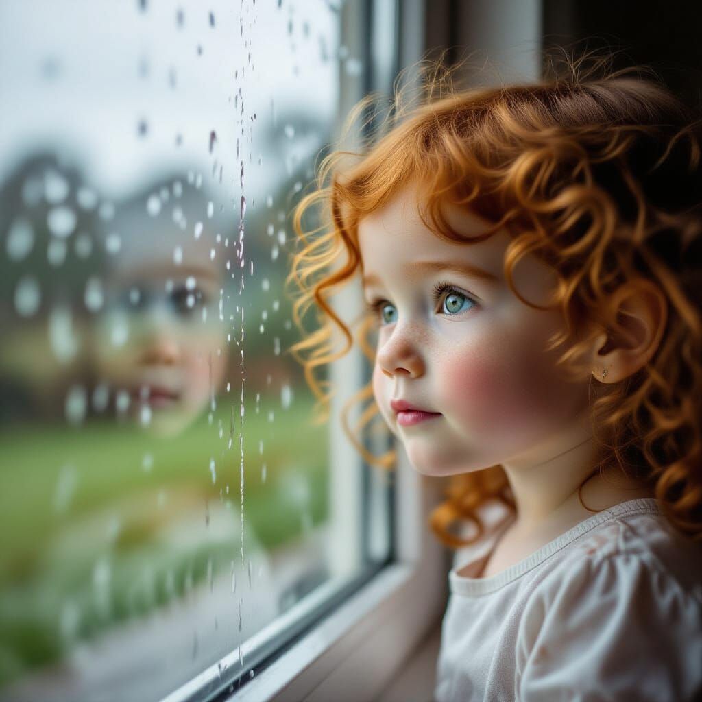 Girl Peering Out Rainy Window