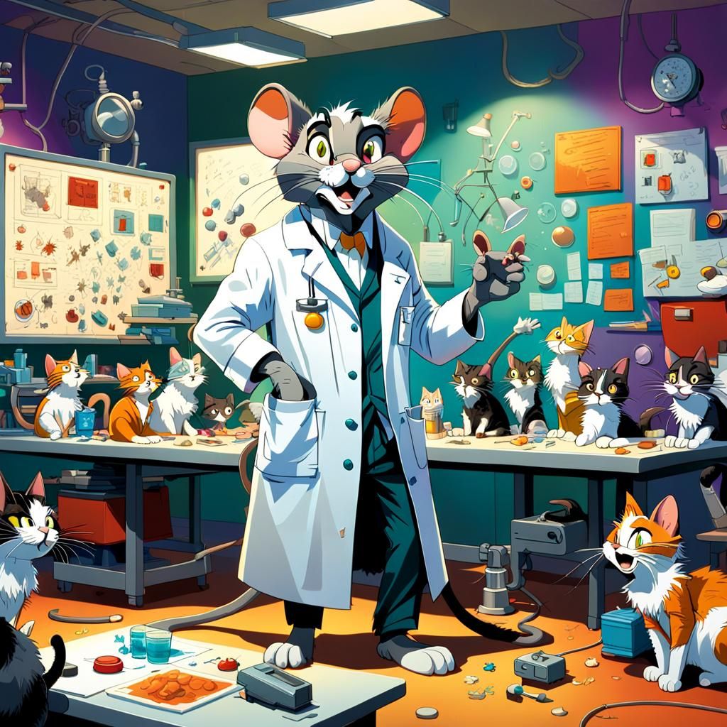 Cartoon Mouse Oversees Cats in Laboratory