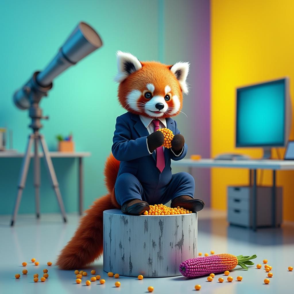 Red Panda Executive Munching Purple Corn: Futuristic Office