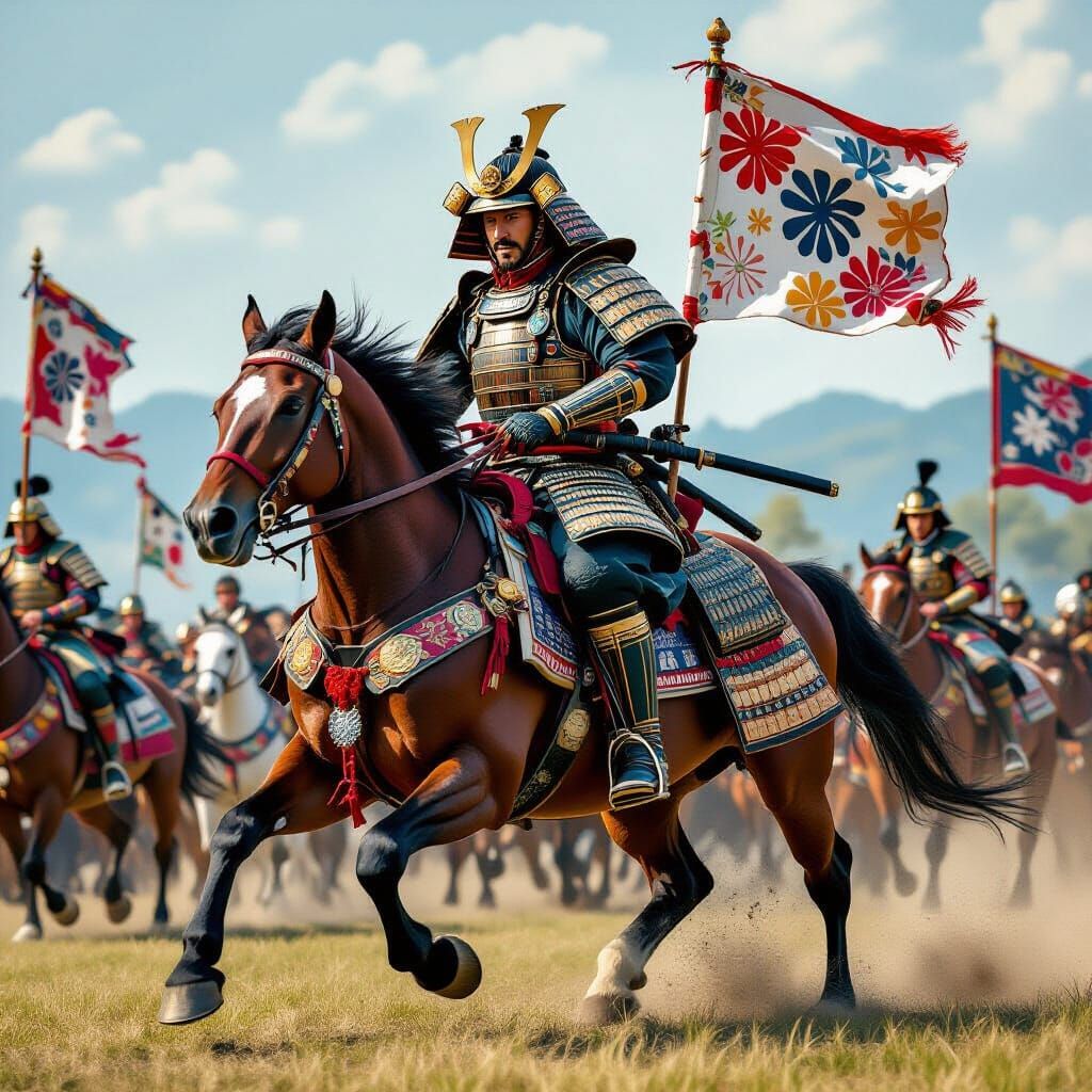 Samurai Warrior on War Horse in Hyperrealistic Style