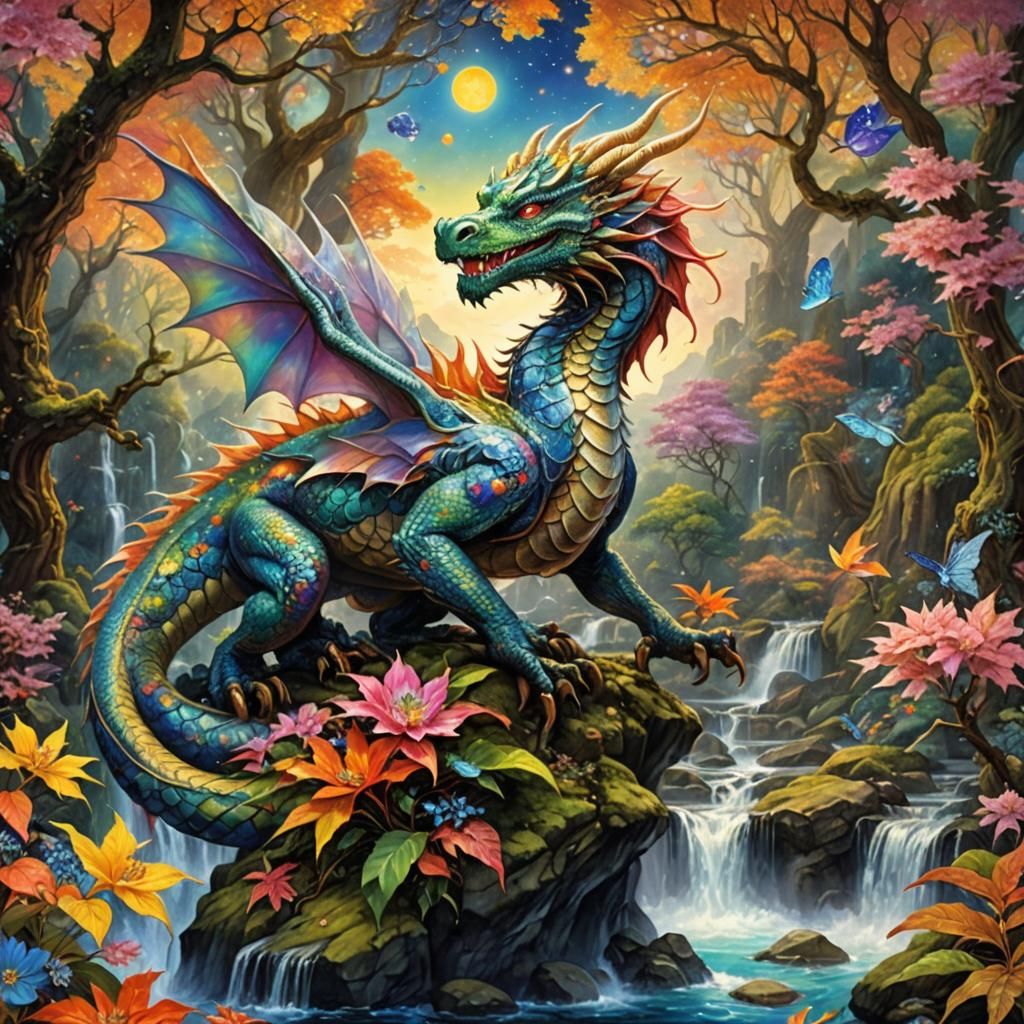 Colorful Dragon in a Maximalist Landscape
