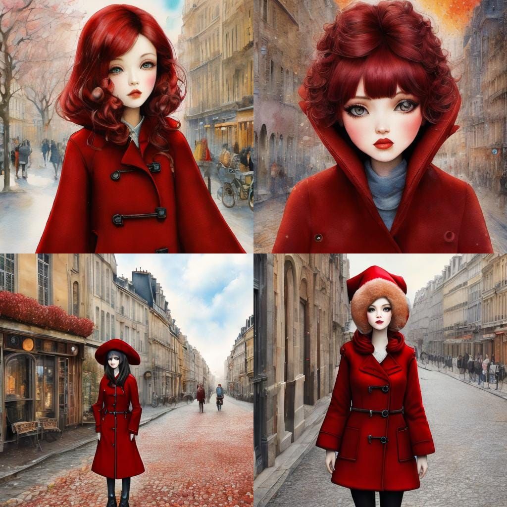 Hyperrealistic Watercolor Portrait of Girl in Red Coat, Pari...