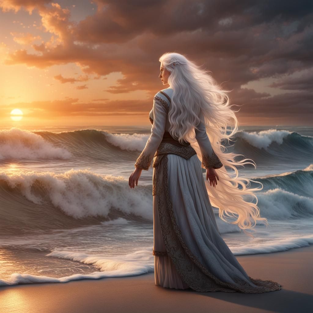 Woman and Wolf at Sunset: Detailed Digital Painting