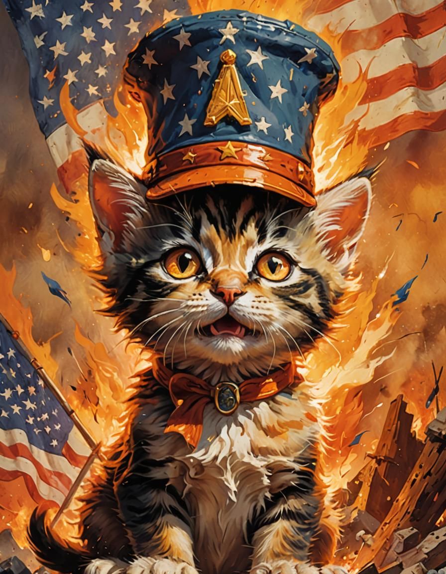 Kitten Patriot in Frazetta-Inspired Explosion