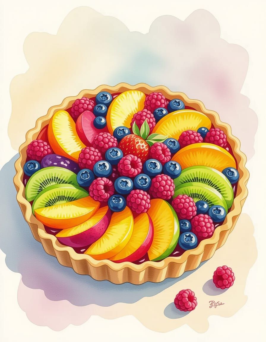 Rainbow Fruit Tart in Watercolor Style