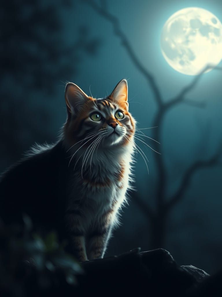 Moonlit Cat Emerges from the Shadows