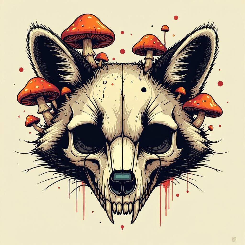 Raccoon Skull and Mushrooms Digital Illustration