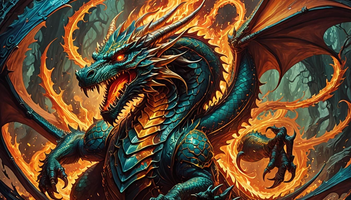 A dungeons and dragons Fire Dragon in attack posture,