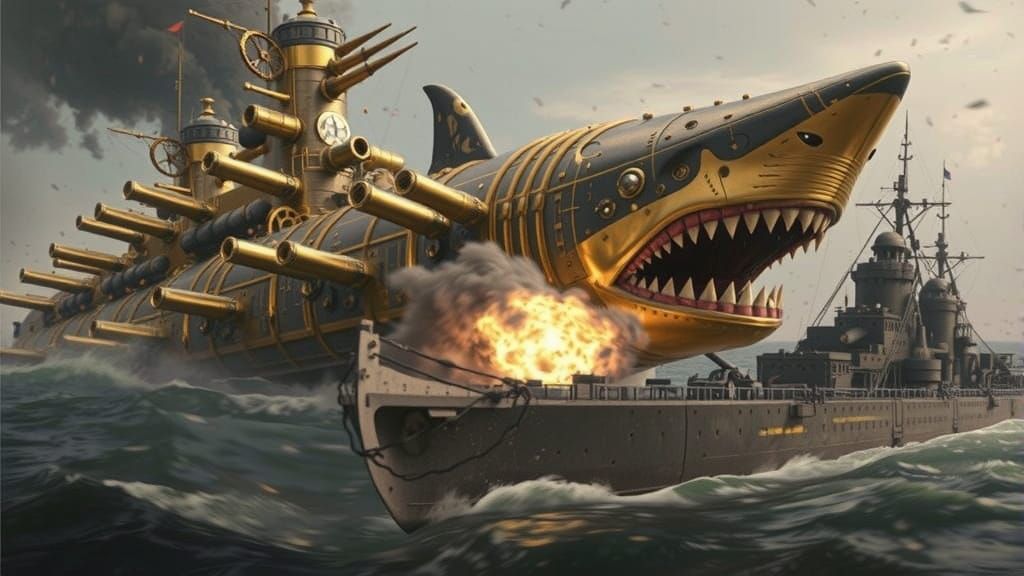 Steampunk Shark Battleship Rams Enemy in Fiery Seas