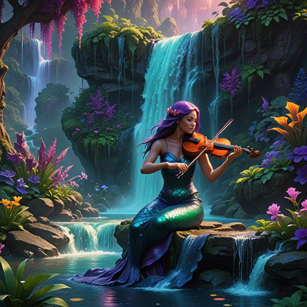 Mermaid's Waterfall Serenade: A Fantasy Art Piece