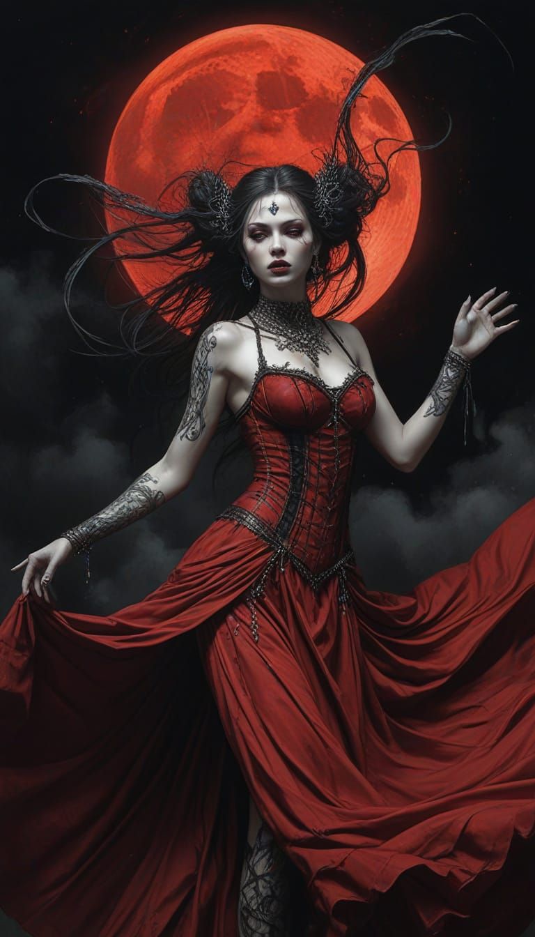 Gothic Harlequin Dancing Under a Blood-Red Moon
