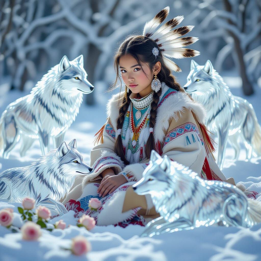 Glass Wolves with Native American Girl in Winter