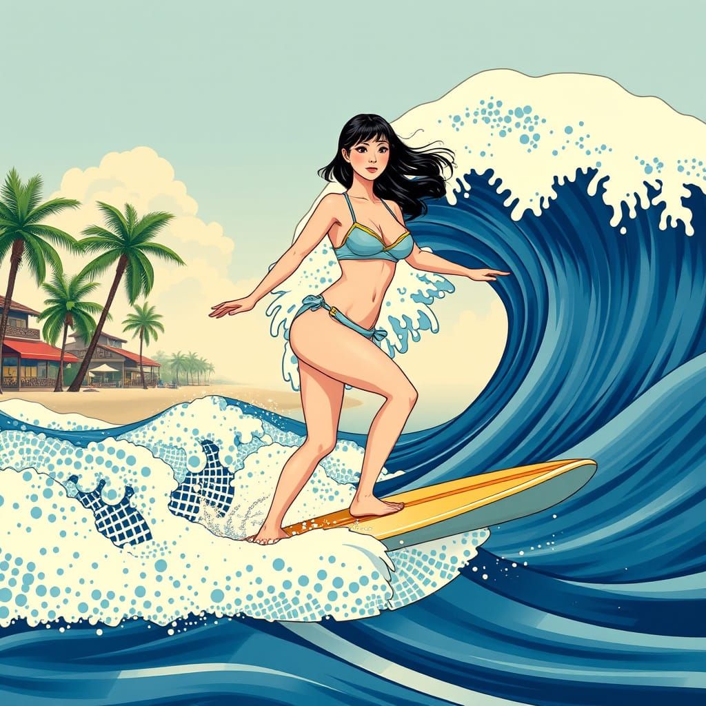 Asian Surfer Girl Rides Wave in Hokusai Style