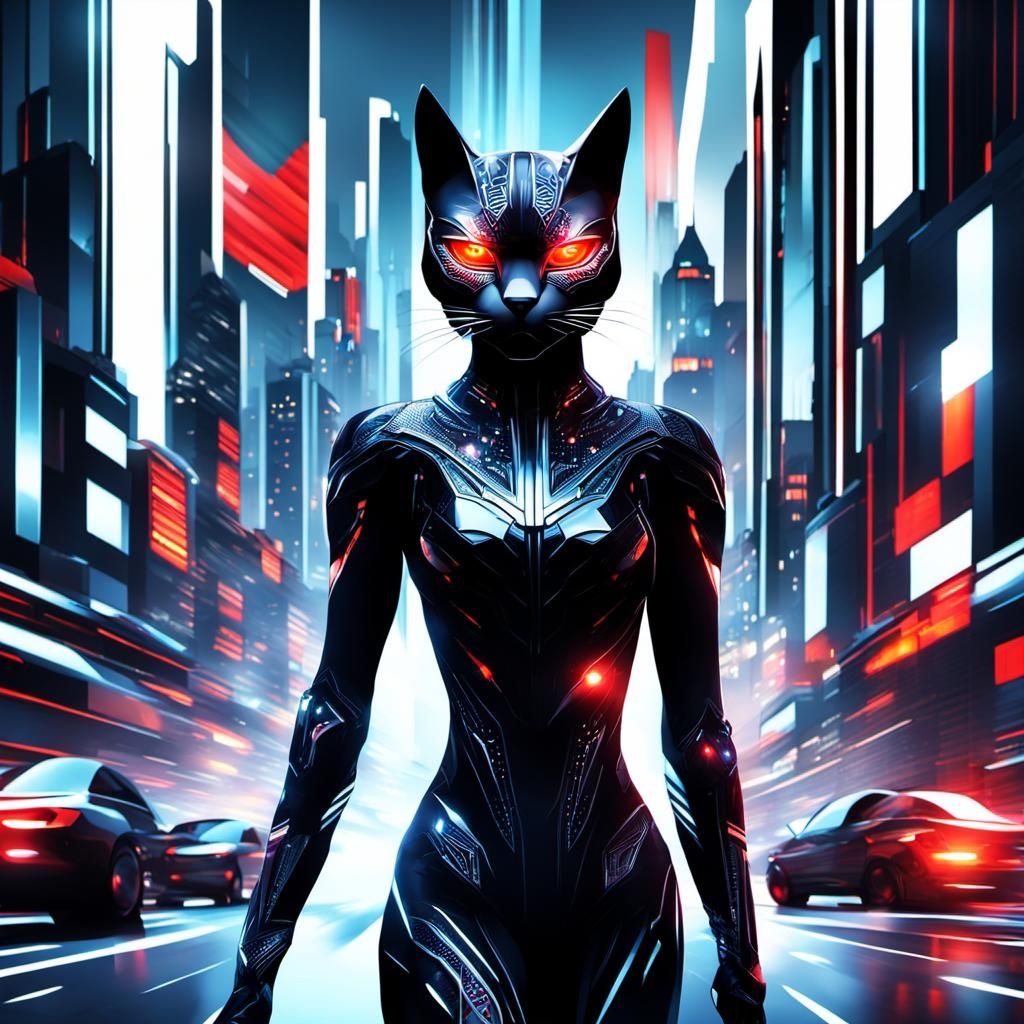 Futuristic Android Cat Woman in Cyberpunk Cityscape