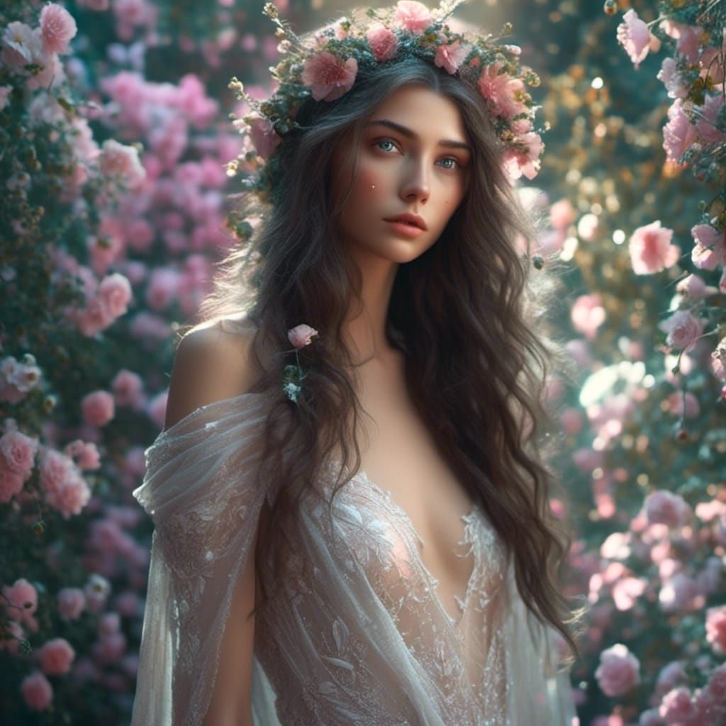 Edgy Beauty in Diaphanous Gown with Long Hair