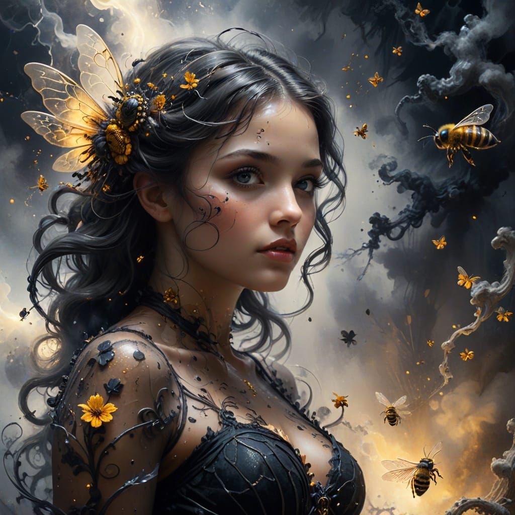 Art Nouveau Honeybee Illustration with Dark Smoke Swirls
