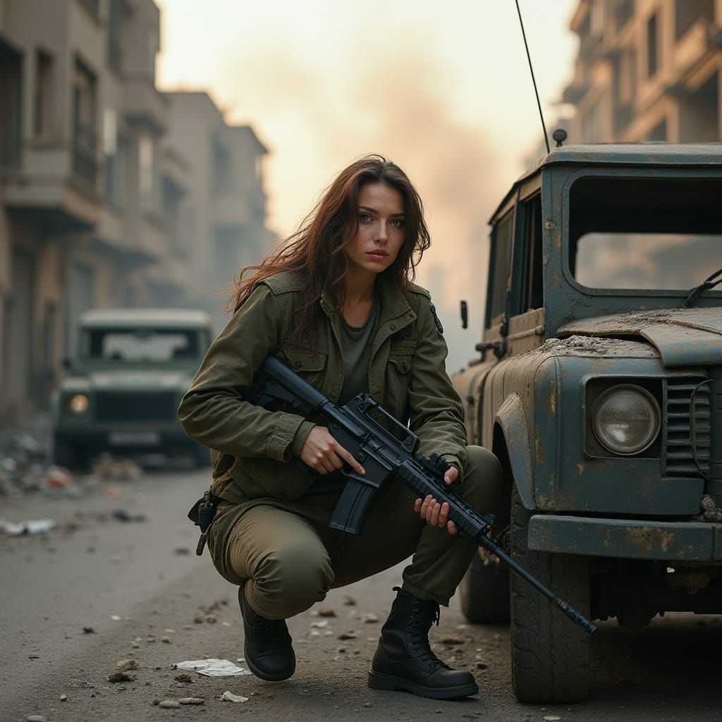 Action Photo of Woman with Assault Rifle on War Torn Street