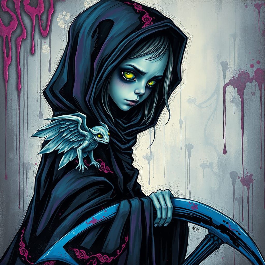 Angelic Grim Reaper in Dystopian Graffiti Art