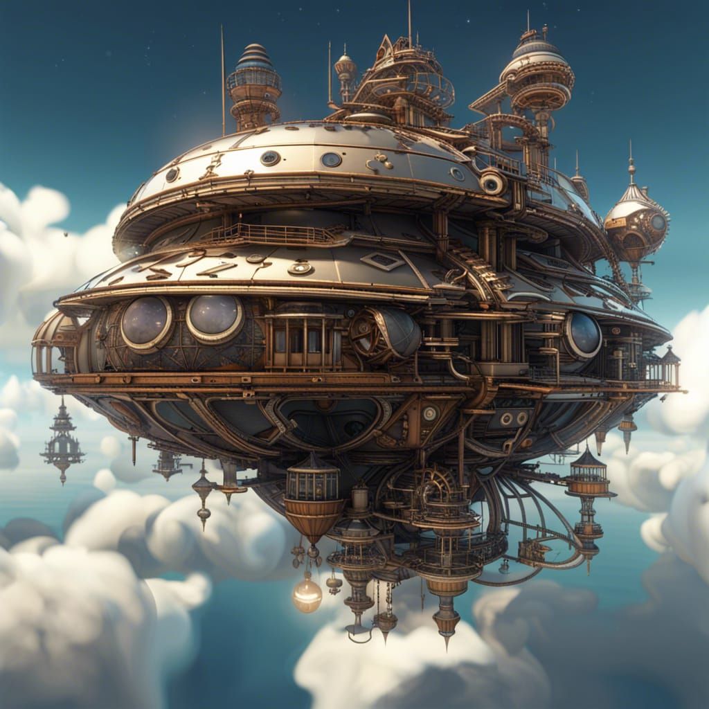 Futuristic Steampunk Structure Floating on Clouds