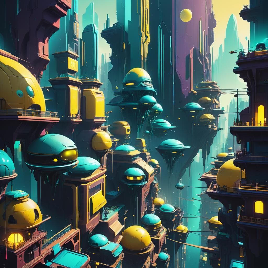 Ethereal Alien City in Teal and Yellow
