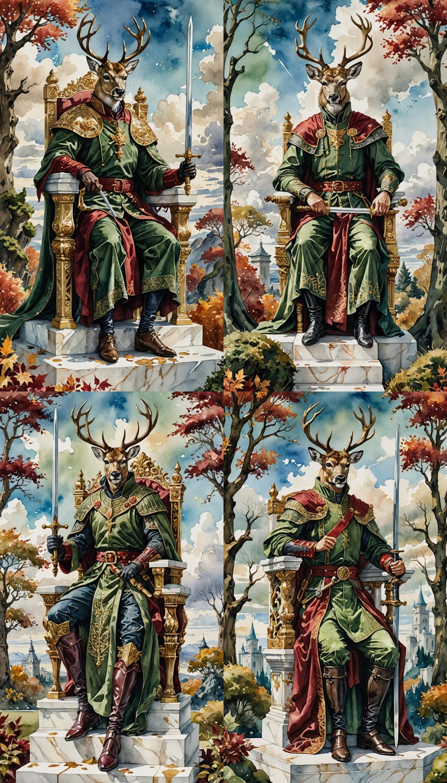 King of Swords on Marble Throne in Watercolor