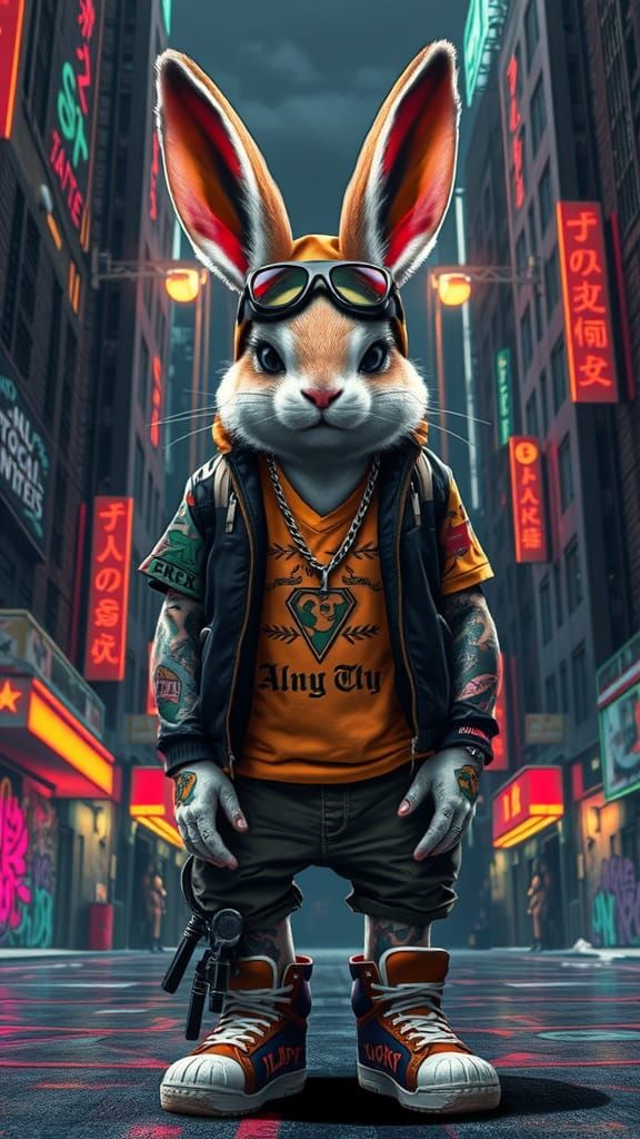 Bunny Gangster Hybrid in a Matte Cityscape