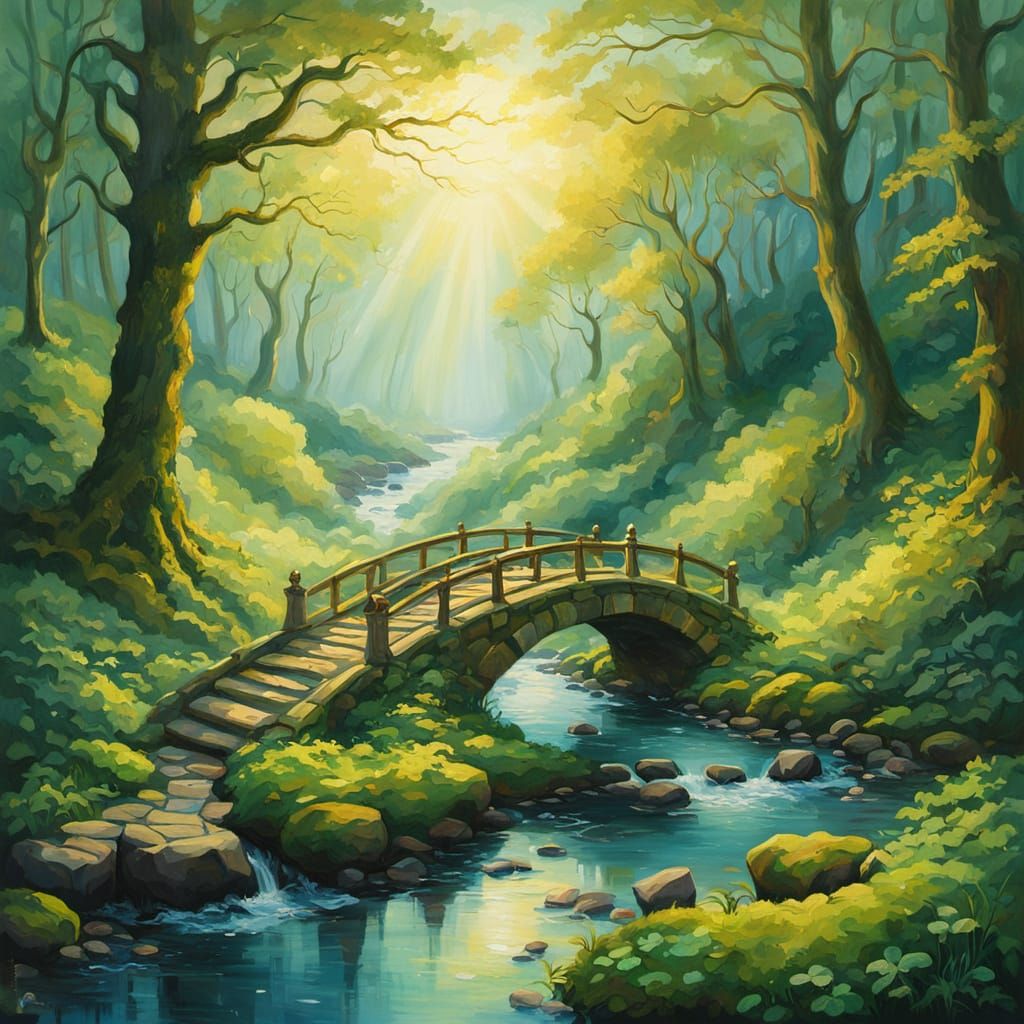Sunrise Over Forest With Bridge In Art Nouveau Style