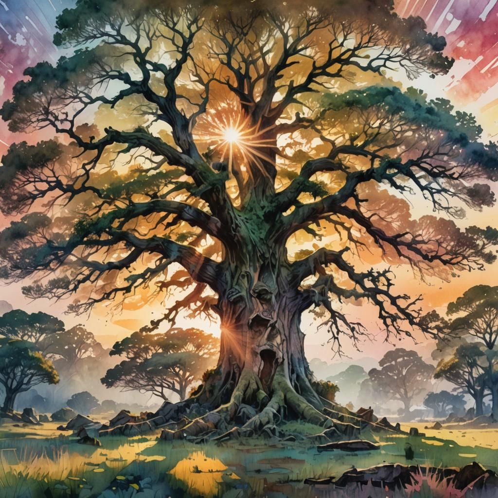 Country Landscape with Ancient Oak: Watercolor Illustration