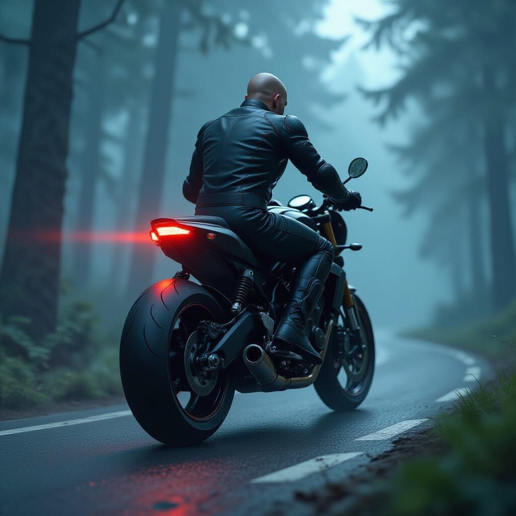 Muscular Man on Motorcycle Rides into Misty Woods