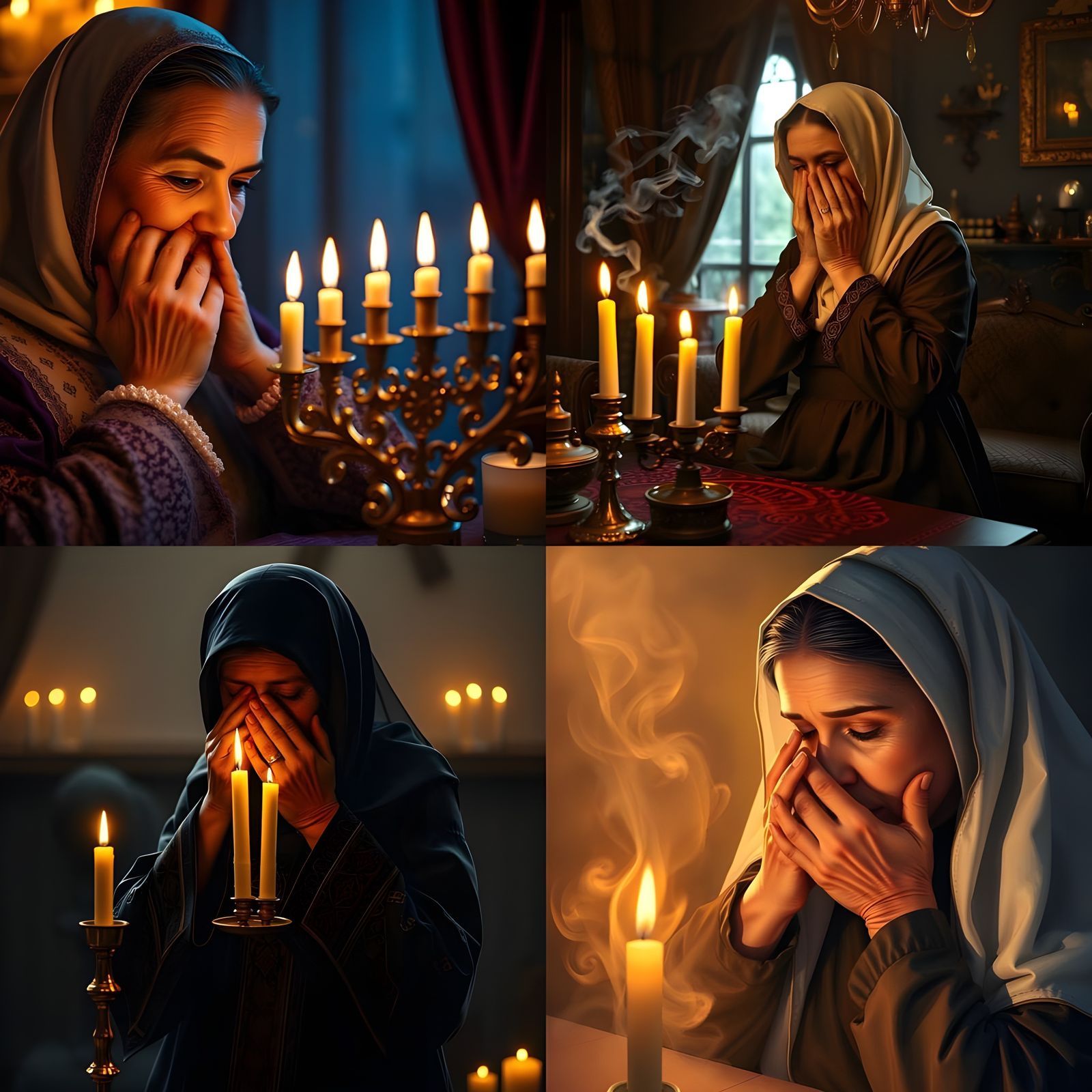 Orthodox Mother Illuminates Shabbat Candles with Veiled Hand...