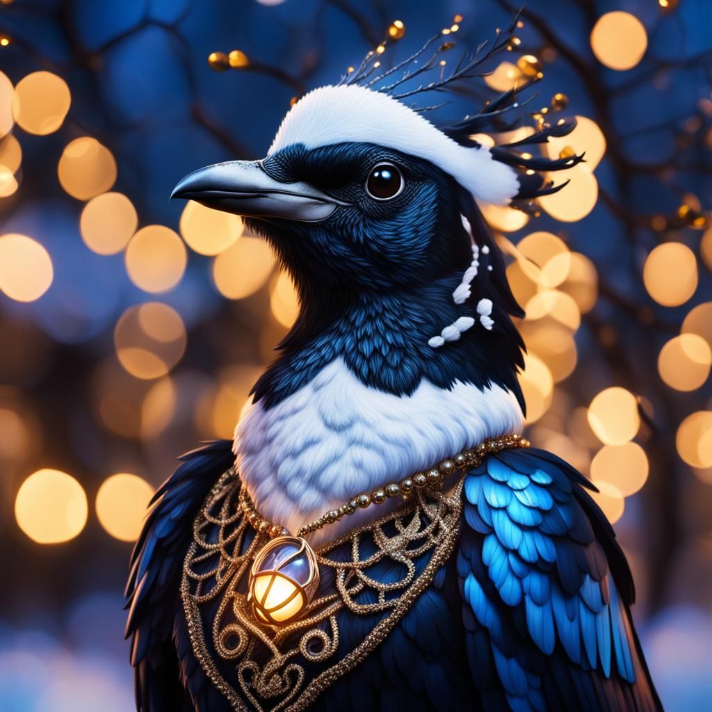 Anthropomorphic Magpie Portrait in Fairycore Style