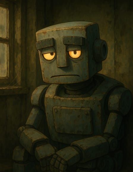 Atmospheric Portrait of a Worn Robot in a Dusty Home