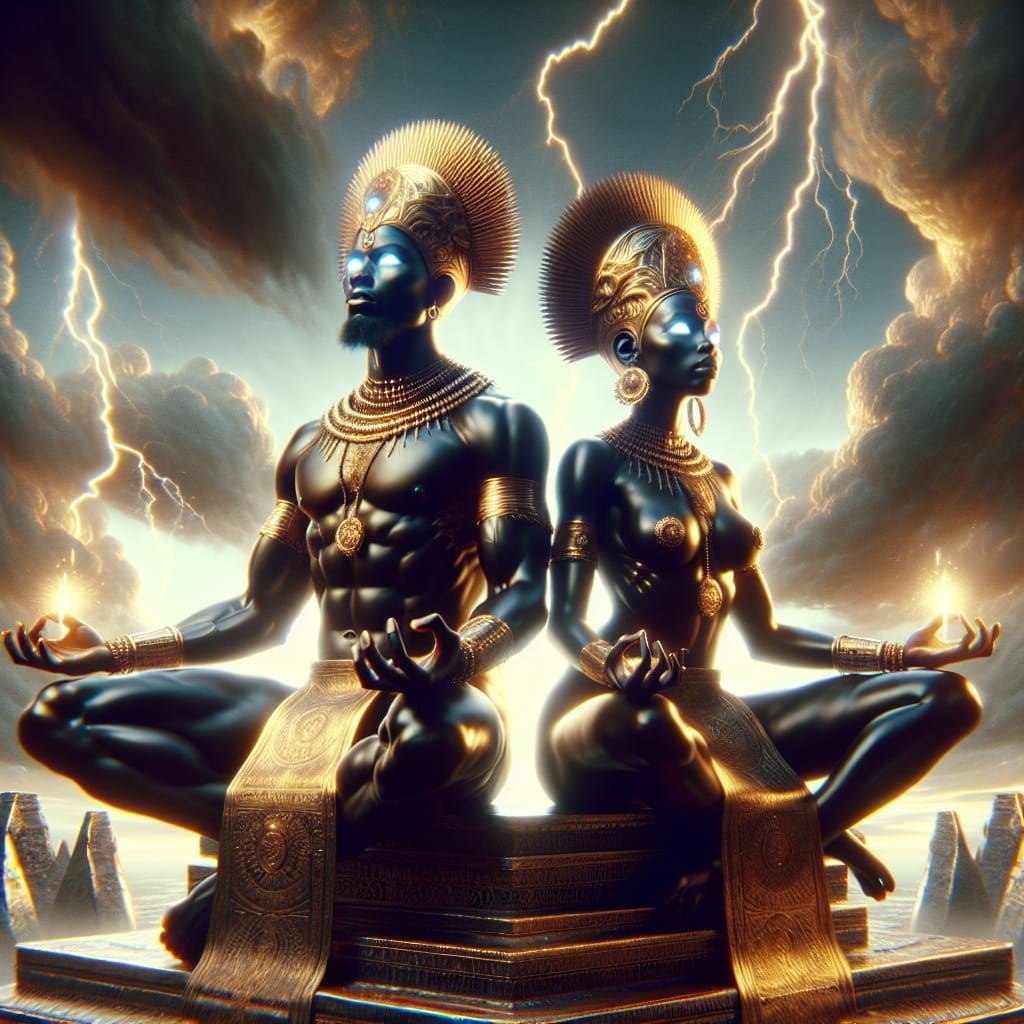 Black Deities Meditating in a Cinematic Oil Painting