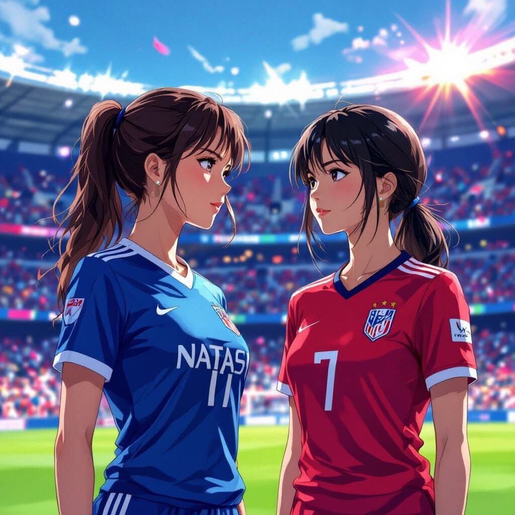 Women in Jerseys in Stadium, Manga Style Digital Art