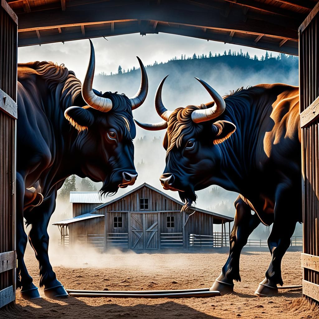 Brutal Bull Fight Silhouette in Hyperdetailed Airbrush Art