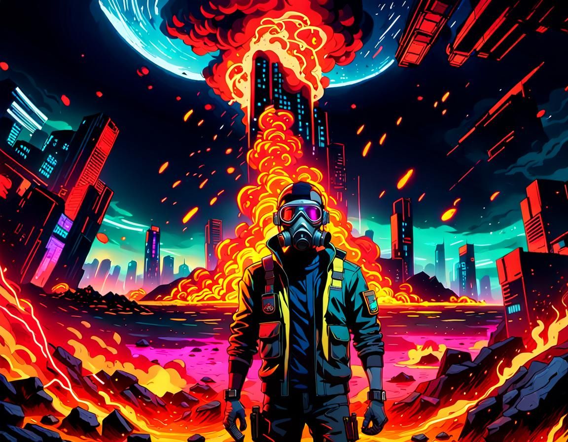 Cyberpunk Gas Mask Figure in Neon Hellscape