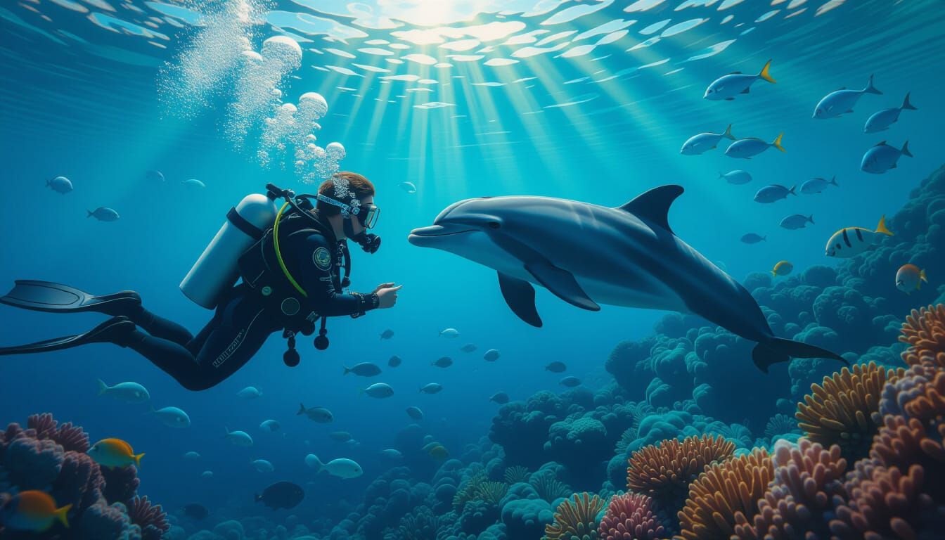 Diver and Dolphin Encounter in Digital Art Style