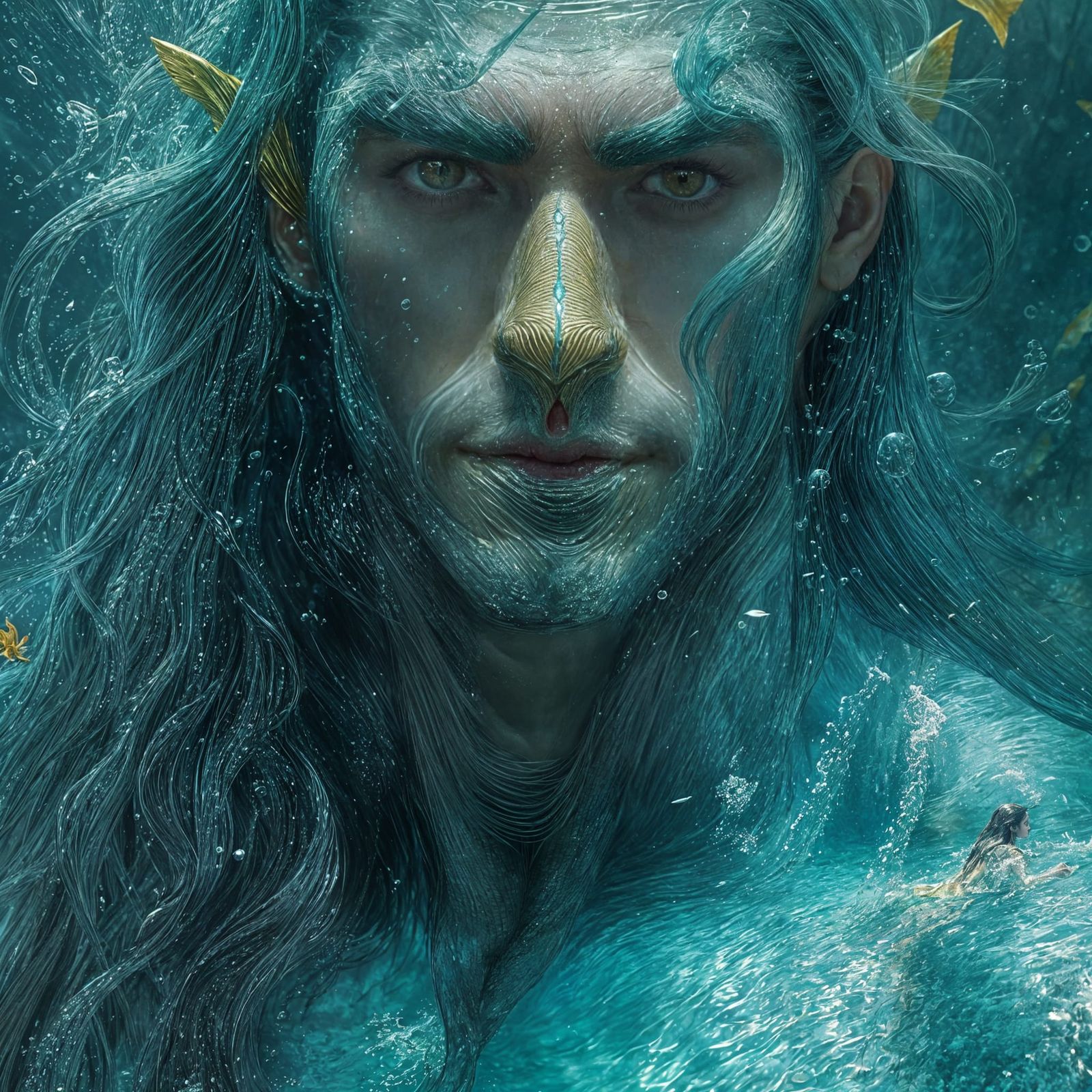 Anime Merman with Golden Eyes Swimming