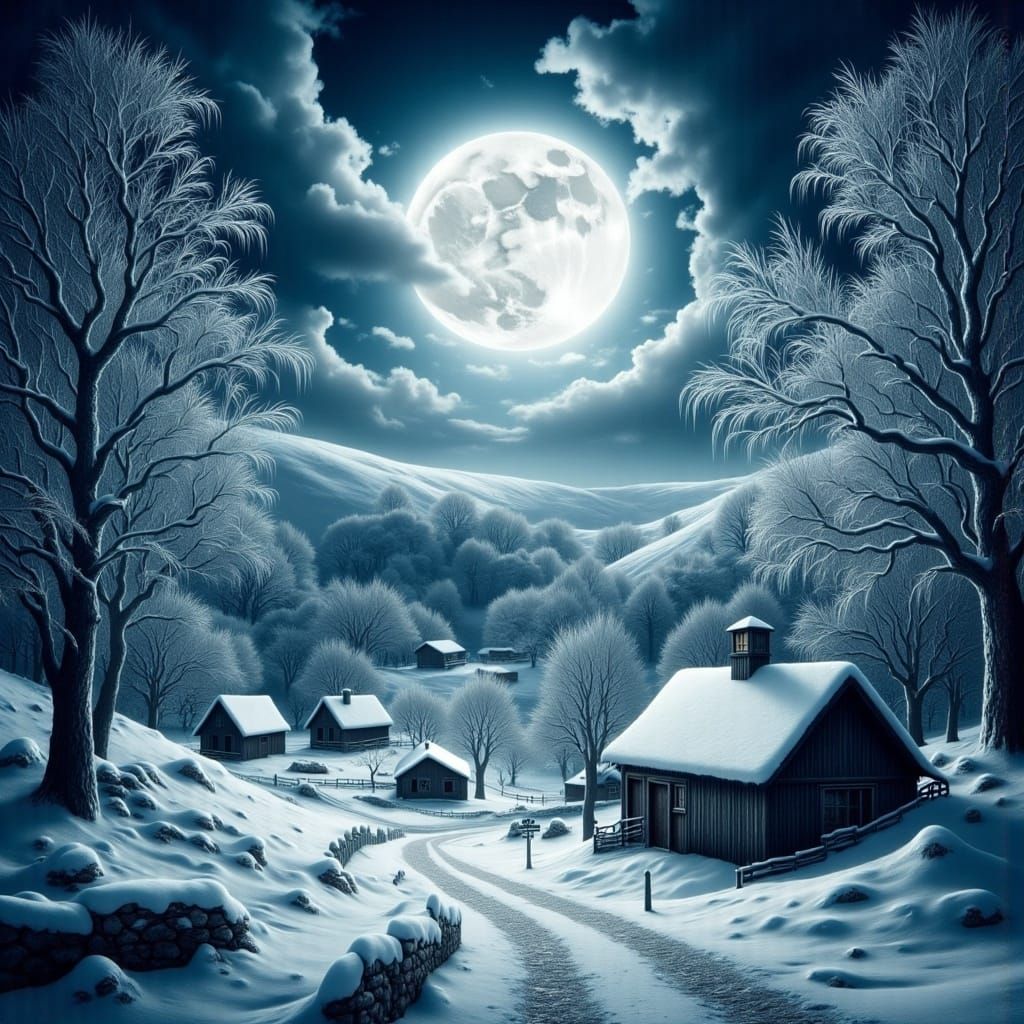 Snowy Village Under Moonlight: A Whimsical Illustration