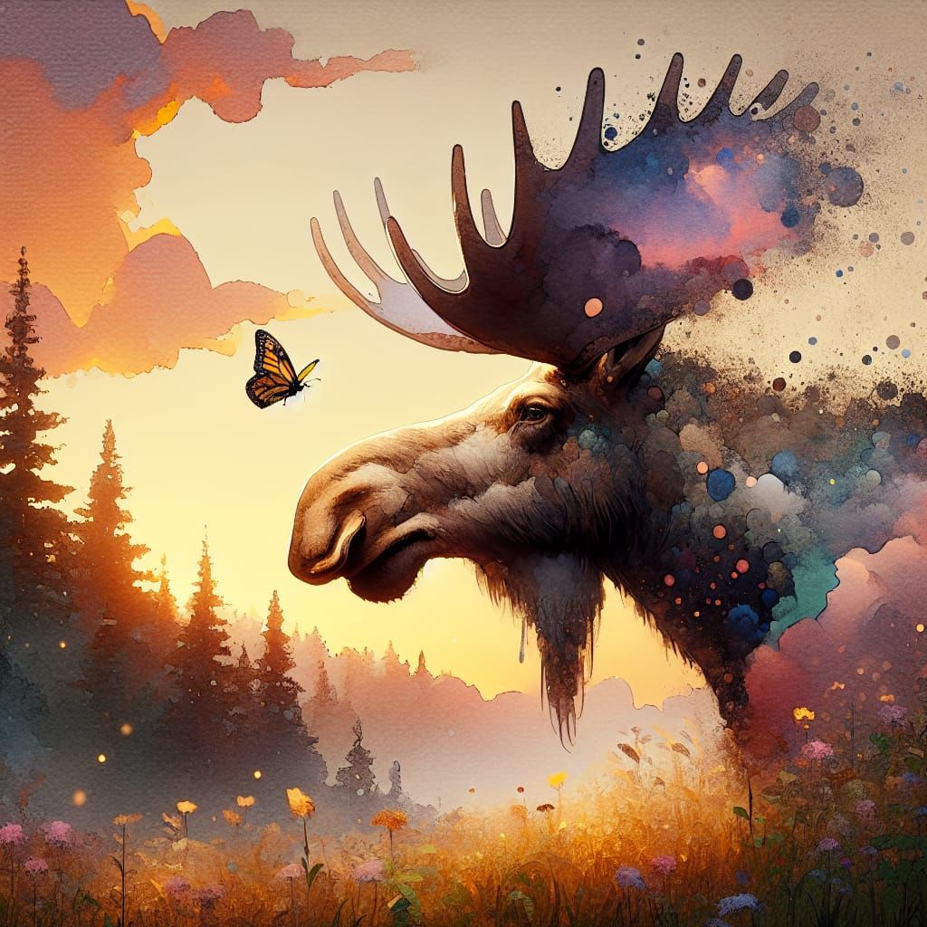 Gentle Moose at Sunset in Watercolor Style