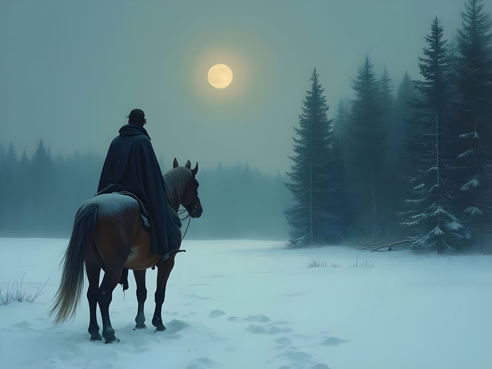 Man and Horse in Snowy Woods on Winter Evening