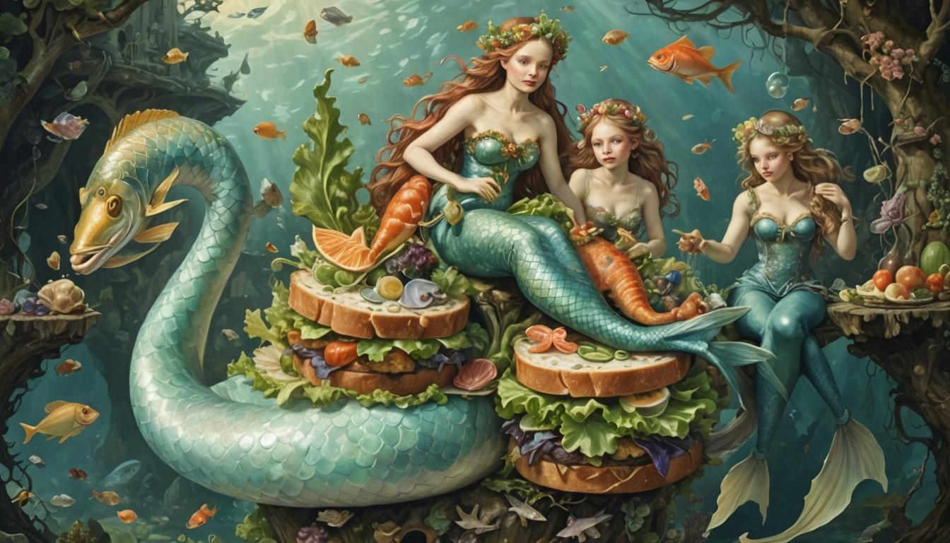 Mermaid on Sandwich in Wonderland, Art Nouveau Style
