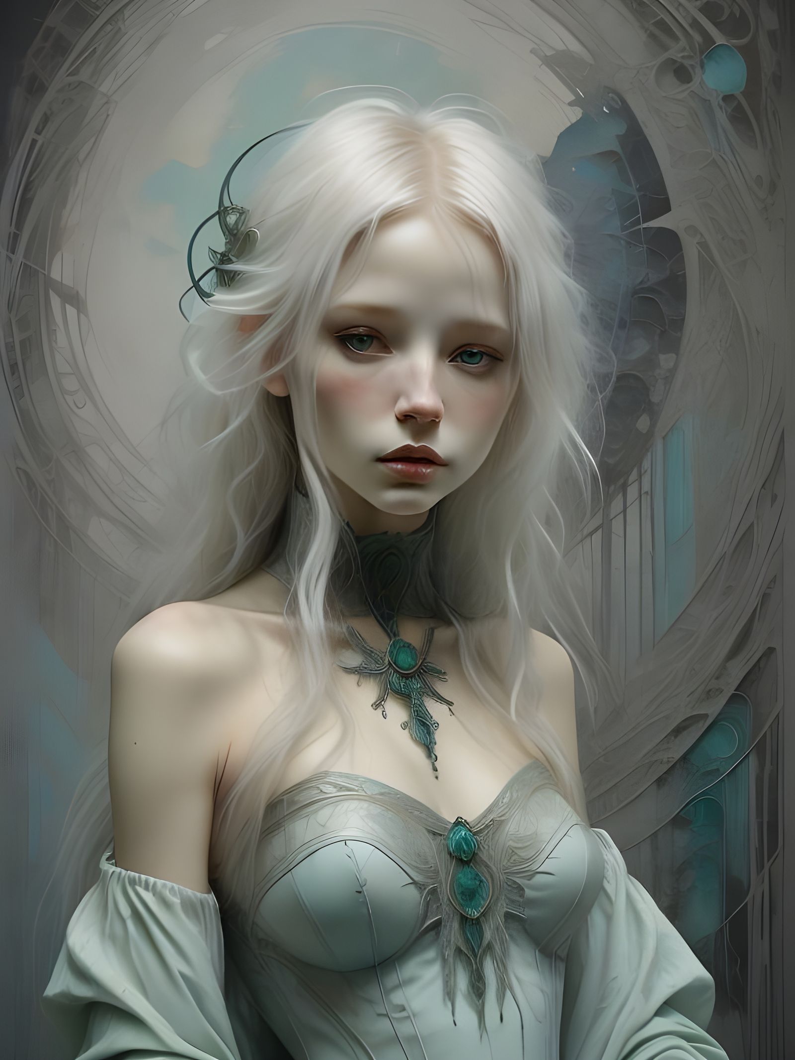 Elegant Albino Figure in Cerulean Blue and Sage Green