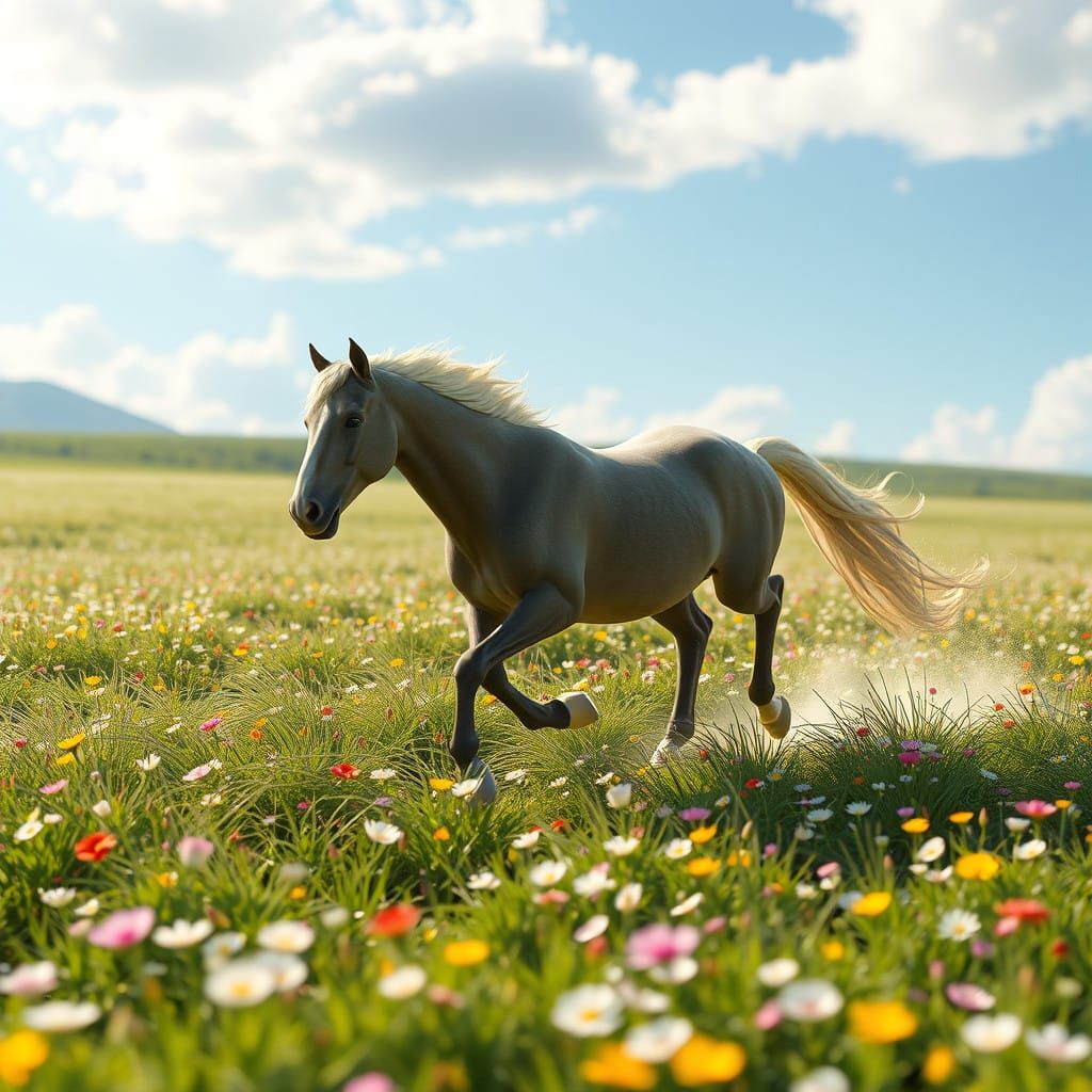 Ethereal Stallion Rides Through a Vibrant Floral Landscape i...