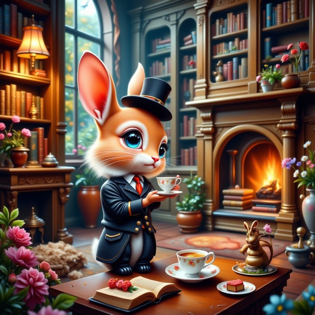 Anthropomorphic Bunny Sipping Tea in Cozy Library