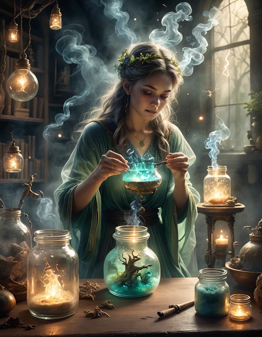 Magical Fog in Glass Jar with Sprite, Fantasy Art
