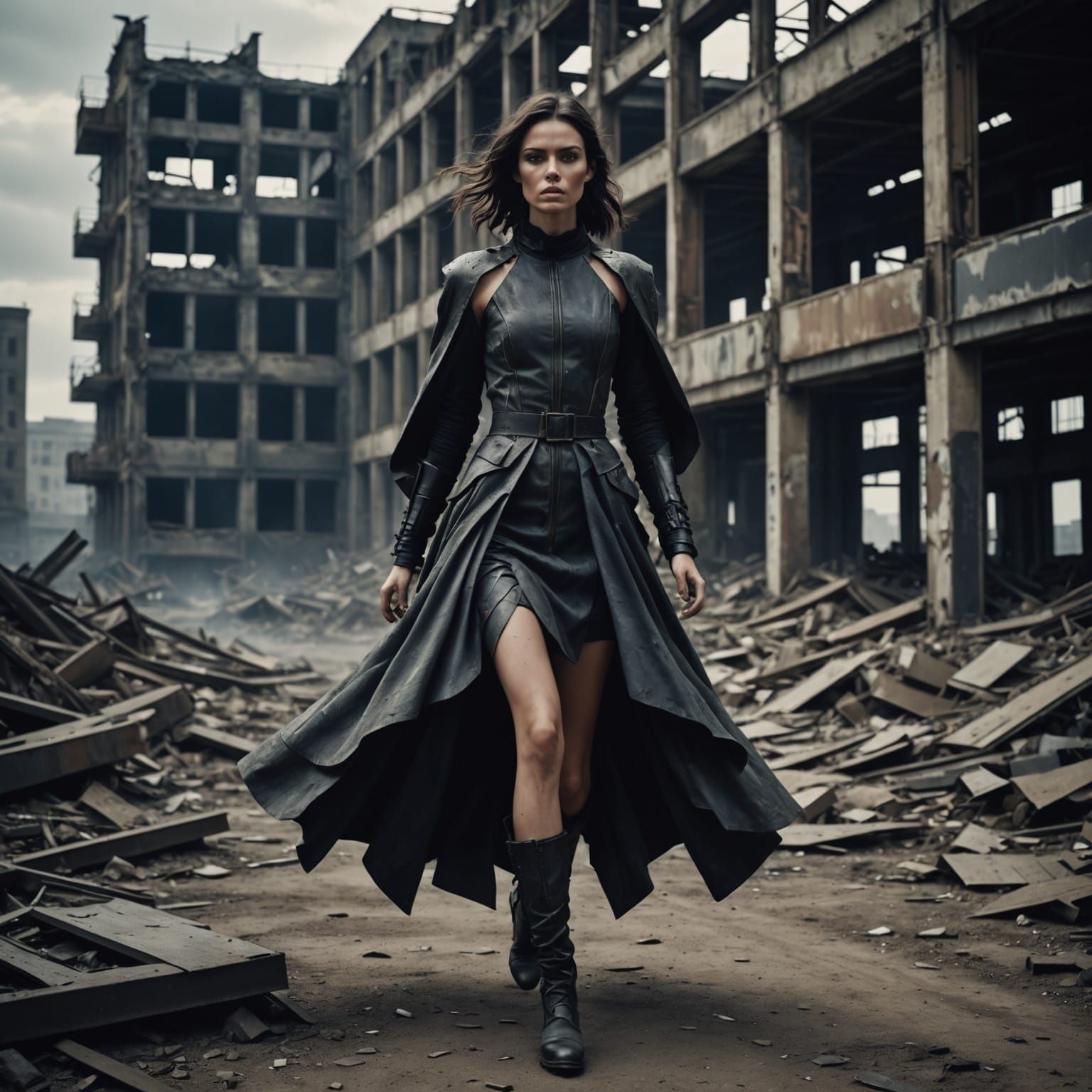 Brunette Model in Avant-Garde Dress in Post-Apocalyptic City