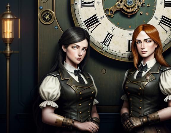 Steampunk Twins in Time Machine: Dark Fantasy Art