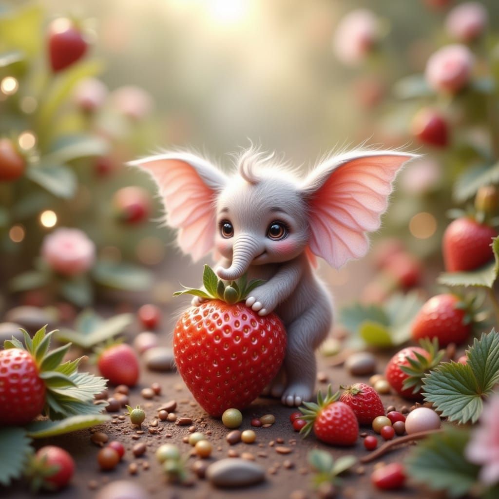Strawberry Garden Elephant Fairy in Cottagecore Style