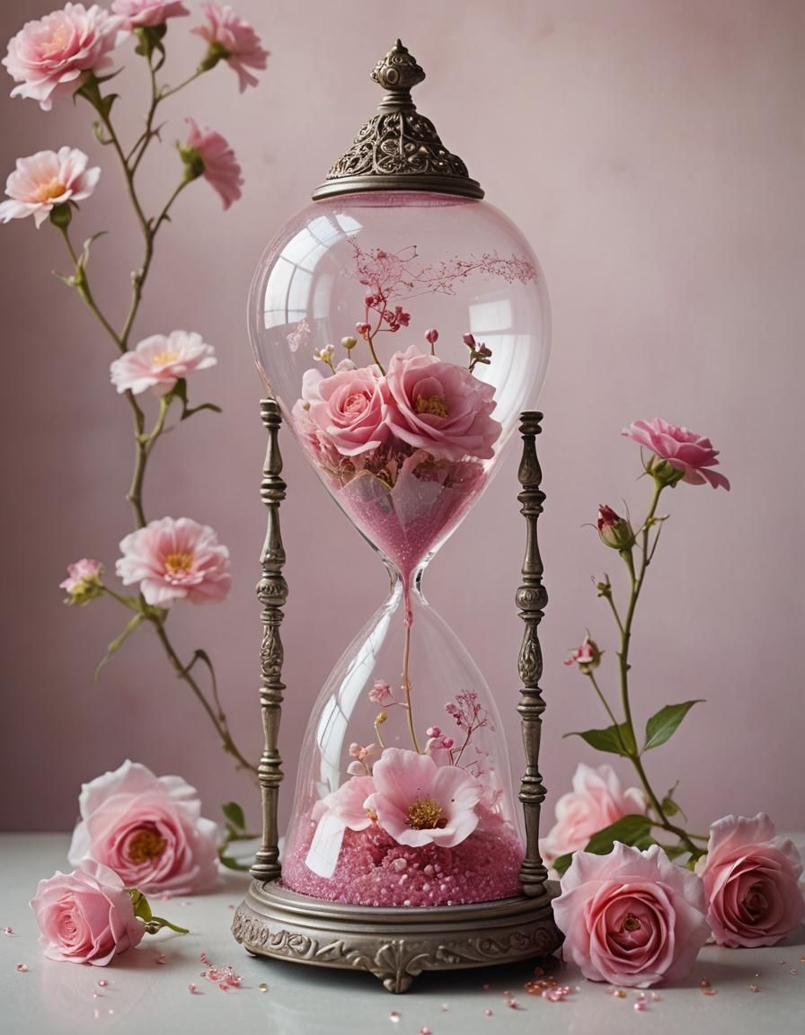 Pink Hourglass Still Life with Metallic Filigree